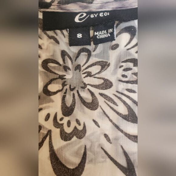 Eci 8 Gray Black 100% SILK LSlv Zipp Flocking Floral Print V-neck Women Blouse - Picture 7 of 12